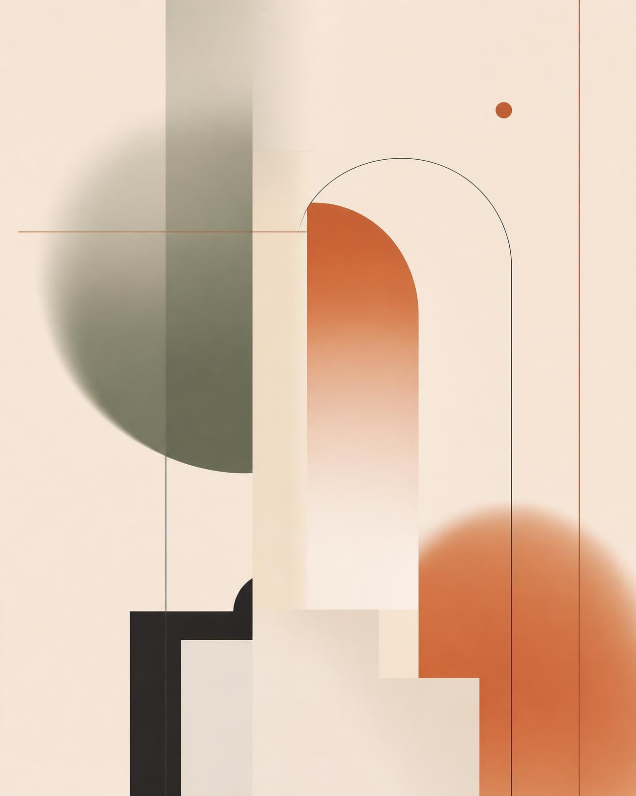 Abstract modern composition of geometric arches, columns, and soft gradients in terracotta, sage, and cream